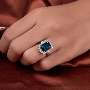 แหวนฮาโลเจนพลอยสีเขียวมรกตตัดสีทองขาวชุบ925เงินสเตอลิงวินเทจได้แรงบันดาลใจจากคำแถลงวงแหวนค็อกเทลสำหรับผู้หญิง - Product Image 2