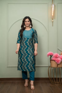 fashor Women's Cotton Geometric Regular Kurta Silk Blend Blue Dyed/ Washed Kurta Pants With Dupatta Set - Product Image 4