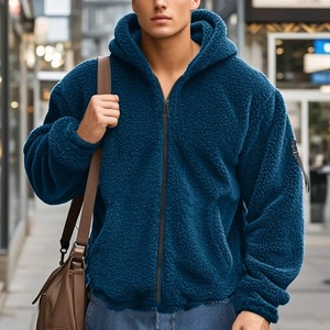 2025 nouveaux hommes haute rue à la mode veste décontractée pull couleur unie Double face polaire velours ample à capuche fermeture éclair - Product Image 1