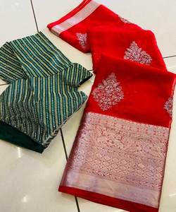 Sari de Seda con Broches y Blusa Cosida para Mujer, Elegante Traje Tradicional Indio para Fiestas - Product Image 5