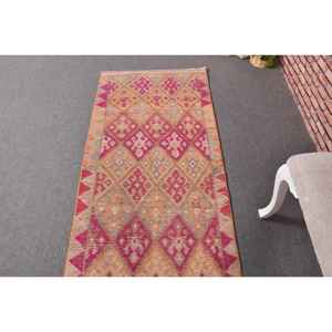 Alfombra Turca, Alfombra Vintage de 2.5x11.5 pies, Alfombra de Lana a Cuadros Rojos - Product Image 4