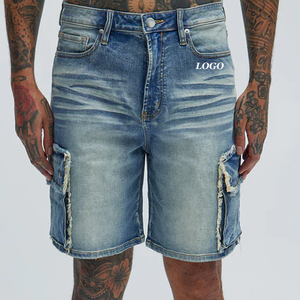 Shorts en jean cargo pour hommes, bleu marine, décontractés / Service OEM pour les acheteurs en gros, couleur unie, prix de gros, logo personnalisé avec fermeture à boutons - Product Image 1