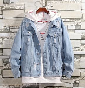 OEM High Street Vintage <b>Denim</b> Half Zip Polo Neck <b>Hoodie</b> Loose Fit Patchwork <b>Jacket</b> for Men Fabric Material Hooded Collar - Product Image 5