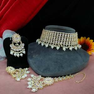 Conjunto de Gargantilla Kundan de moda real sofisticada para mujer, artesanía tradicional con perlas colgantes, collar Maang Tikka - Product Image 1