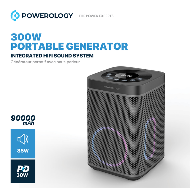 Powerology 90000mAh 300W Portable Power Station with Integrated Hi-Fi Sound System PWM Controller Sodium-Ion Batteries