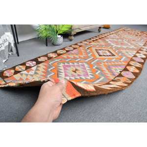 Tapis Vintage en Laine Turque 32X11 pieds Orange & Marron Ethnique Patchwork Design Plat Tissage Technique pour Décorations de Salon - Product Image 3