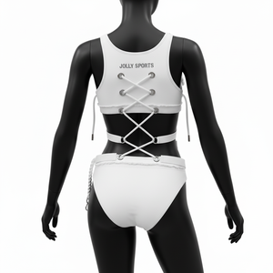 Ensemble bikini deux pièces pour femme, tissu extensible premium en polyester et élasthanne 200 GSM, maillot de bain blanc avec empiècements, logo personnalisé, maillot de bain femme - Product Image 6