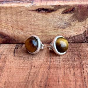 Handmade Sterling <b>Silver</b> <b>Stud</b> Earrings with Natural Tiger's Eye Gemstones Round Cabochon Design - Product Image 6