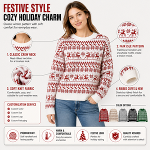 Suéter Navideño de Punto Fair Isle con Diseño de Reno Rojo de FNJIA <span class=keywords><strong>Renee</strong></span>, Jersey de Cuello Redondo con Copos de Nieve Blancos y Rojos, Regalo Navideño - Product Image 3