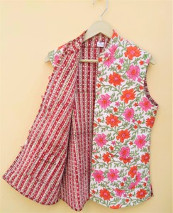 Chaqueta India hecha a mano para mujer, chaleco sin mangas de estilo bohemio con algodón acolchado y estampado floral, chaqueta de chaleco floral con estampado de bloques - Product Image 5