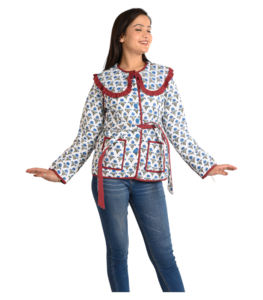 เสื้อโค้ทผ้าคอตตอนแบบยาวสำหรับผู้หญิงเสื้อโค้ทผ้าทอพิมพ์ลายดอกไม้ทำด้วยมือมีกระดุมประดับกระเป๋าด้านหน้า - Product Image 1