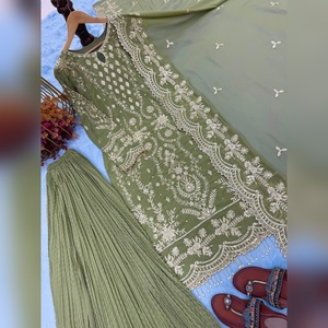 Nouveauté : Ensemble Kurti Sharara et Dupatta en 3 pièces en gros, en faux georgette lourd avec broderie à la main pour femmes - Product Image 5