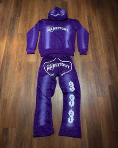 Custom Men Heavyweight Streetwear Oversized Cropped Acid Wash Distressed Rhinestone <b>Sweatpants</b> and Hoodie <b>Set</b> - Product Image 5