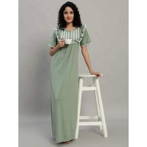 Chemise de nuit et robe de nuit élégante en dentelle 100% coton pour femmes, col rond, longueur totale, pour le printemps et l'été - Product Image 1