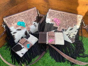 Nouveau véritable Western fabriqué à la main en cuir de vachette usiné sac à main femmes élégant sac de soirée et cheveux usinés sur pochette Unique Combo ensemble - Product Image 2