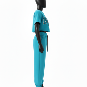 ชุดเซ็ตผู้หญิงคุณภาพสูง ผ้าฝ้ายผสมโพลีเอสเตอร์ 300 GSM แบบฟลีซ เสื้อครอปท็อป กางเกงจ็อกเกอร์ สีเทอร์ควอยซ์ ปักโลโก้ด้วยผ้าเชนิลล์  รับสั่งทำตามแบบ - Product Image 3