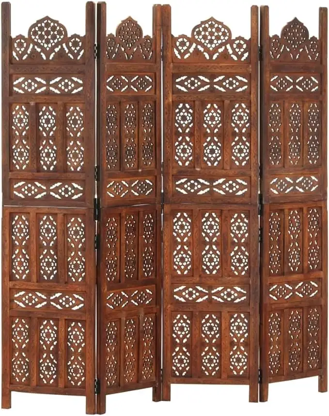 Hand Carved Wooden Room Divider Panel Brown Solid Mango Wood Construction Classic Home Interior Screen Easy Assembly