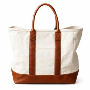 MORGANS INDUSTRIES <b>Canvas</b> <b>Tote</b> Bag Brown Leather Handles Base Solid Color Minimalist Style Zipper Closure Embroidery Daily Use - Product Image 1