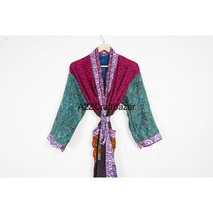 Bata Bohemia de Seda 100% Hecha a Mano para Mujer, Estilo Patchwork, Cuello en V, Cordón Ajustable, Manga Larga, Transpirable, Suave al Frente - Product Image 2