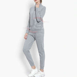 Survêtements d'hiver décontractés grande taille pour femmes coupe régulière 100% coton polaire ensemble long 2 pièces avec motif solide col montant - Product Image 3