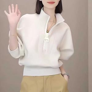 Sudaderas con cuello redondo y cremallera para mujer, ropa bordada y forrada, Tops informales para primavera, otoño e invierno, 2023 - Product Image 3