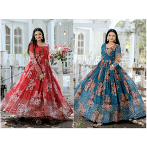 Vestido largo de diseñador Premium para niñas Faux Georgette Floral impreso Zari-hilo bordado de lentejuelas fiestas de bodas-Anarkali Salwar - Product Image 1