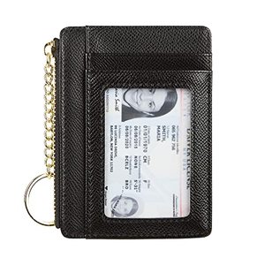 WRIZA Porte-cartes minimaliste en cuir véritable avec fenêtre d'identification, fermeture éclair, porte-clés, pochette avant, portefeuille noir pour femme, portefeuille fin - Product Image 1
