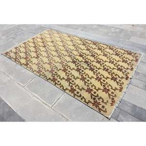 Tapis turc 4,8 x 8,3 pieds, tapis en laine unie jaune rouge vintage - Product Image 1