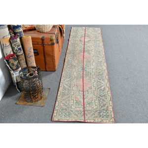 2x8.3 ft Vintage <b>Runner</b> Rug, Green <b>Red</b> Turkish Striped Wool Rug - Product Image 1