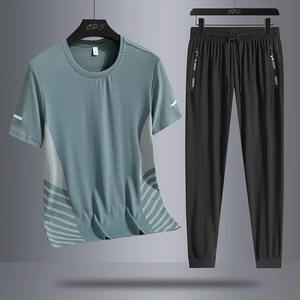 Summer round neck ice silk <b>short</b> <b>sleeved</b> T-shirt and pants sports set, quick drying, sweat absorption, and running two-piece set - Product Image 6