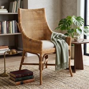 Natural <b>High</b> <b>Back</b> Woven Rattan Dining Armchair Cushioned Seat Light Brown Outdoor Patio <b>Garden</b> <b>Chair</b> Setup Art Design Decor - Product Image 3