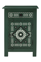 Mesa Auxiliar de Madera Tallada Estilo Bohemio, Mesita de Noche Rústica de Madera Maciza con Patrones Étnicos, Diseño Moderno, 2 Cajones para Apartamento o Dormitorio