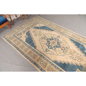 Tapis turc vintage, tapis de 5,2 x 8,9 pieds, tapis géométrique beige et bleu - Product Image 2