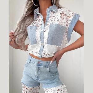 Patchwork encaje hueco mujeres Denim conjuntos verano nueva camisa corta pantalones High Street moda elegante Chic traje de moda - Product Image 3