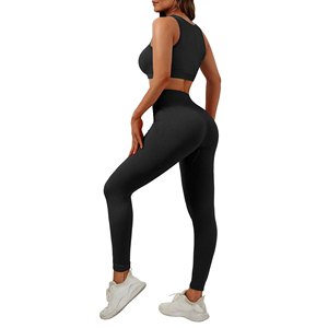 Women's Black Ribbed Yoga Set High Waist Leggings Scoop Neck Racerback Sports Bra 2 Piece Seamless Stretchable Workout Wear - Product Image 1