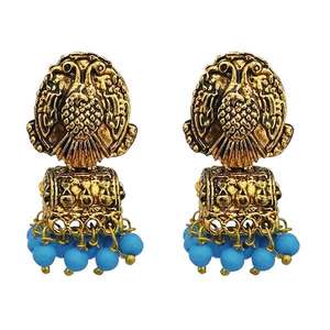 Kriaa chapado en oro antiguo azul Jhumki candelabro pendientes 1311526C joyería de moda - Product Image 1