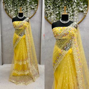 Graceful Designer Saree in Soft Net <b>Fabric</b> with Thread <b>Sequin</b> and Pearl Work Paired with a Matching Blouse - Product Image 4