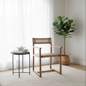 Handcrafted Modern Teak Wood Cane <b>Chair</b> with Armrests Natural Rattan Dining & Chaise <b>Lounge</b> for Living Room and Park Use - Product Image 1