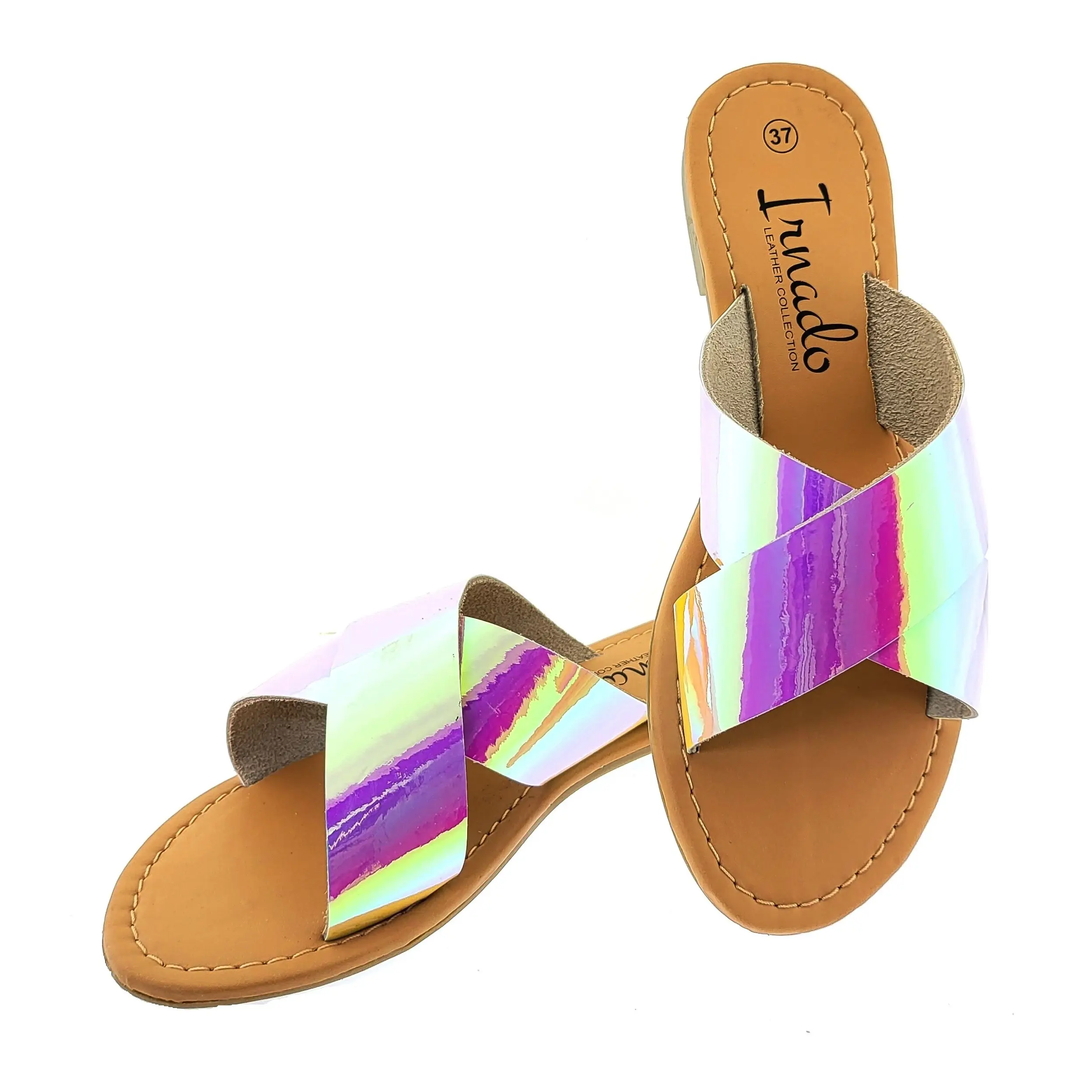 Leather PU Flip Flop Cross Strap Metallic Rainbow Sandals Women Stylish Affordable Daily Wear Slip-On Elegant Slippers Sandal