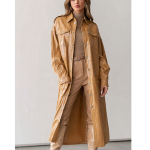 OEM Moda Desgaste Gabardina de cuero Abrigo largo Mujeres Invierno Prendas de abrigo Gabardina Abrigos largos de cuero Señoras - Product Image 2