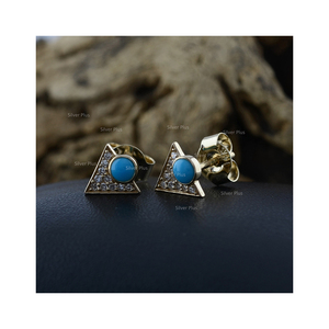 Genuino Arizona turquesa piedra preciosa diamante Stud pendientes 14K oro Push Back triángulo diseño joyería fina para aniversario de boda - Product Image 5