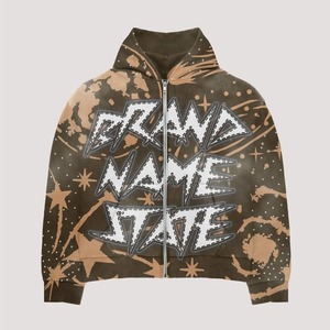 OEM personalizado Sunfaded cremallera French Terry Streetwear funcional lavado ácido hombres Zip up peso pesado Rhinestone Sudadera con capucha - Product Image 4