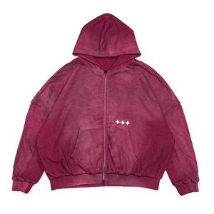 Sweat à capuche zippé Sportish Impex Premium en maille gaufrée brodée 3D, délavé à l'acide, épaules tombantes, vintage, effet vieilli, bordeaux - Product Image 3