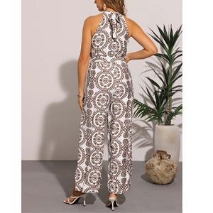 Boho Sleeveless Jumpsuit <b>Halter</b> Neck Belted Slit Wide Leg Jumpsuit - Product Image 6