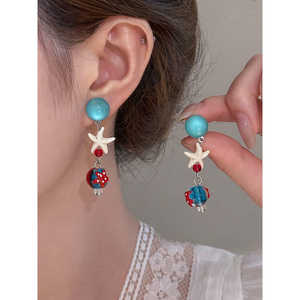 Boucles d'oreilles pendantes en alliage pour femmes, forme étoile bleue, style vintage - Product Image 3