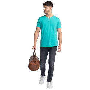 2025 New Wholesale Cotton Henley Neck T-<b>Shirt</b> for <b>Men</b> HighQuality Short Sleeve Buttoned <b>Collarless</b> Tee With Custom Printing - Product Image 2