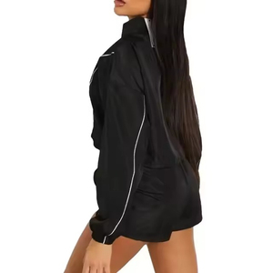 New Arrival Girl's <b>Black</b> Crop Short Two Piece <b>Windbreaker</b> Set Custom Casual Piping Work Nylon Two Piece Jacket Short Sets - Product Image 5