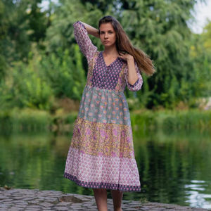 Vestido Bohemio Janis, Estampado a Mano, Algodón Casual, Informal, Algodón Puro, Floral, Arcoíris, Verano, Hecho a Mano, Moda Ética - Product Image 1