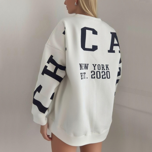 Sudadera de lana de algodón suave blanca personalizada para mujer, sudadera de gran tamaño con diseño de hombro caído con serigrafía, Sudadera de cuello redondo - Product Image 1
