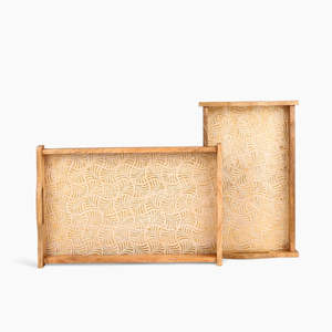 Juego de bandeja de servicio de diseñador de madera natural de 3 piezas Tecnología de artesanía decorativa de aspecto natural - Product Image 5